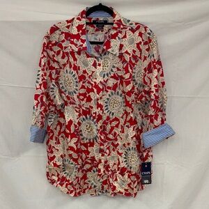 Chaps Red Floral Button-Down Shirt with Blue Stripe Cuffs
